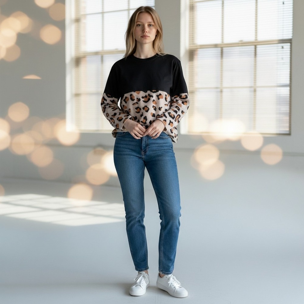 MOB Wife Vtg Heimish Women's Leopard animal Print Color Block Sweater L Pullover